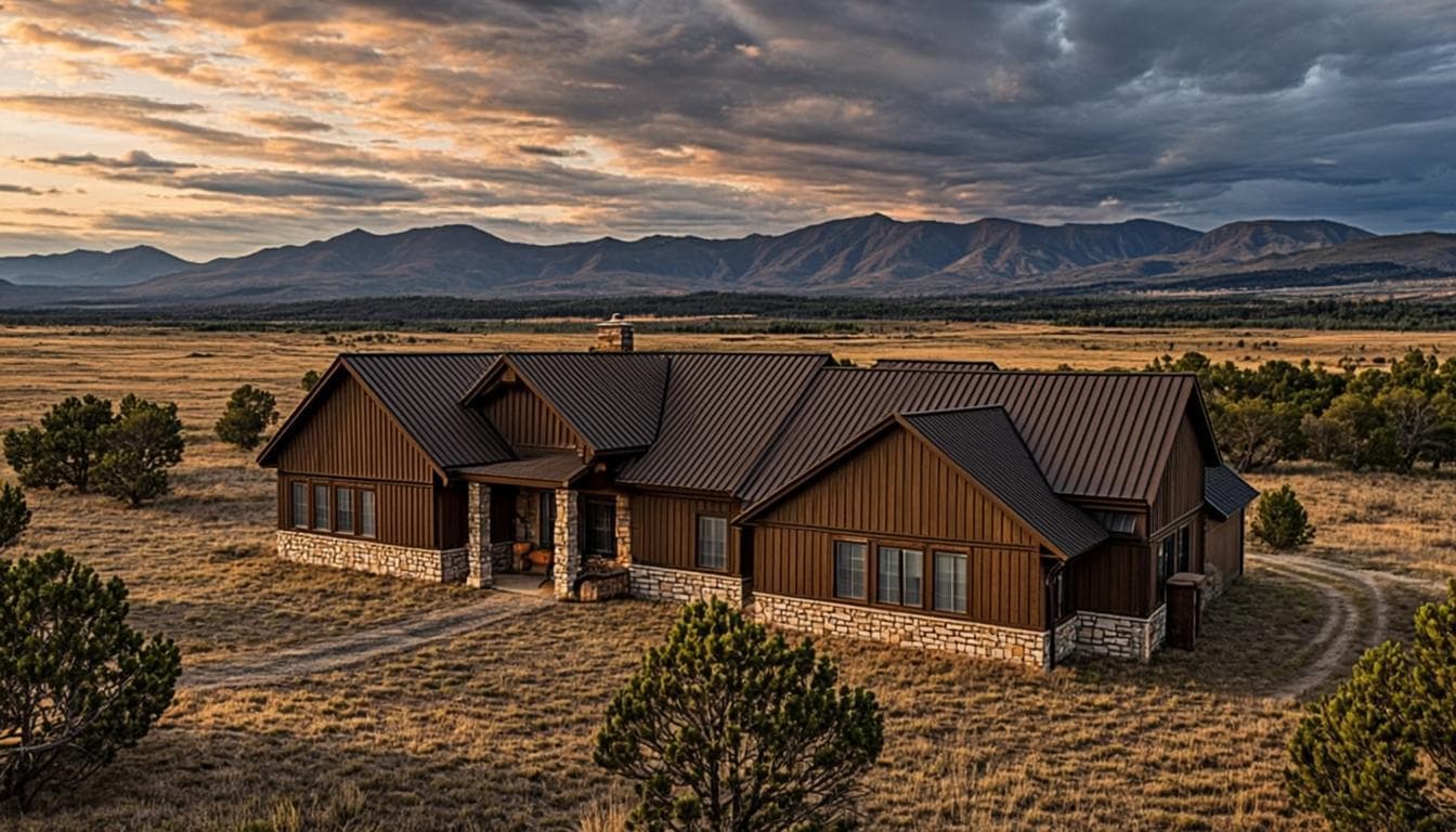 Ranch home with a dark bronze standing seam metal roof in the Arizona high desert at sunset