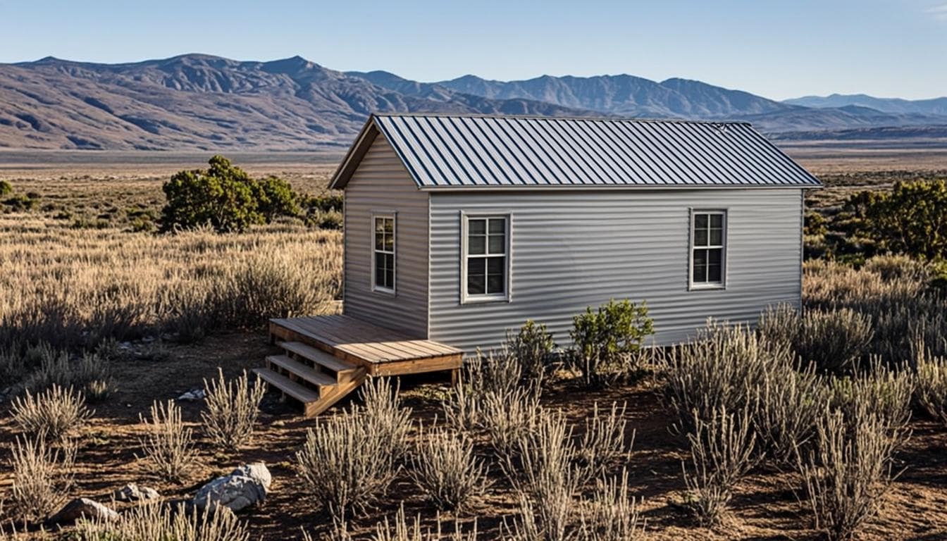 Single-wide manufactured home in the high desert with a new sloped metal roof-over