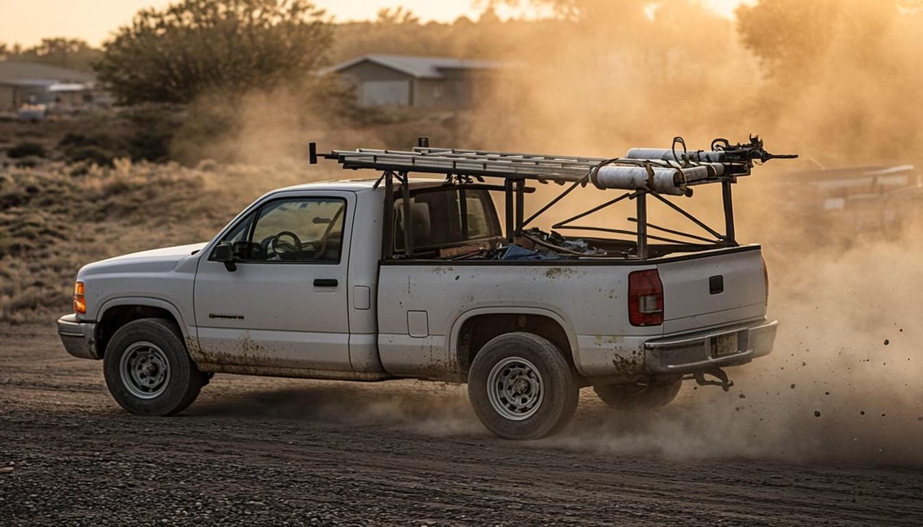 Tom's work truck loaded with ladders and metal roofing panels on a washboard dirt road